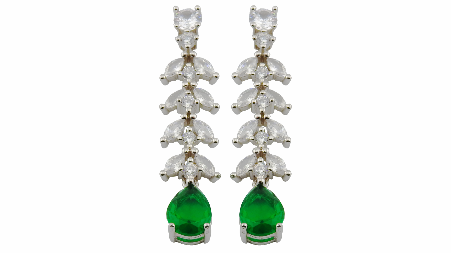 Pair of earrings with green gemstones and white stones on a white background