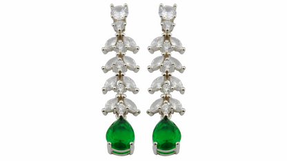Pair of earrings with green gemstones and white stones on a white background