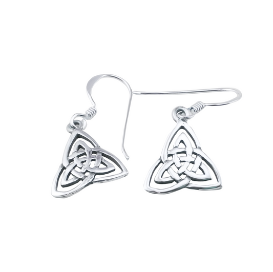 A pair of sterling silver Celtic triangle earrings with a knot pattern.