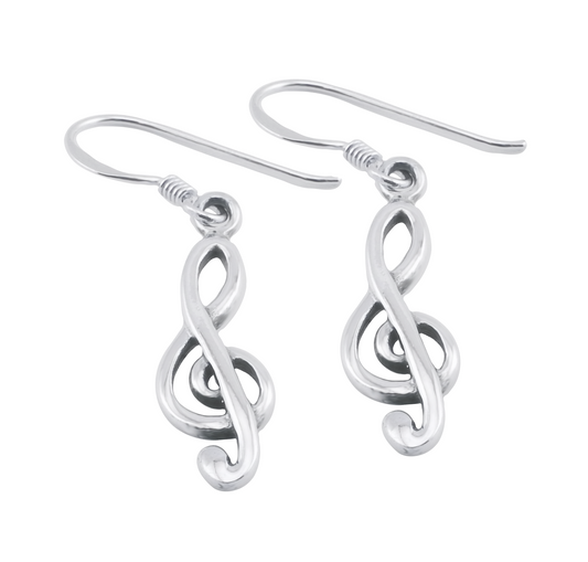A pair of silver treble clef earrings with a hook closure.