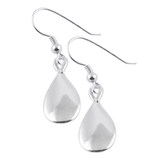 A pair of silver teardrop earrings with a hook closure.