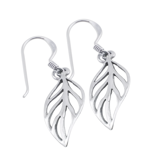 A pair of silver leaf-shaped earrings with a hook closure.