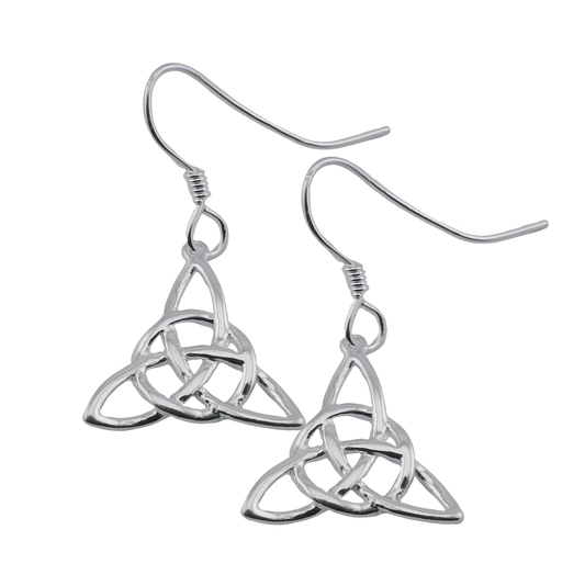 A pair of sterling silver Celtic knot earrings with a triangular shape and a drop design.