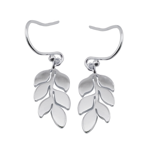 A pair of silver earrings designed in the shape of leaves, with a hook closure and a drop-down style.
