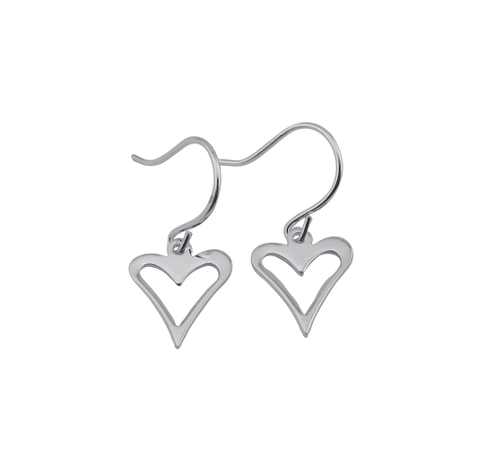 A pair of silver heart-shaped earrings with a hook closure.