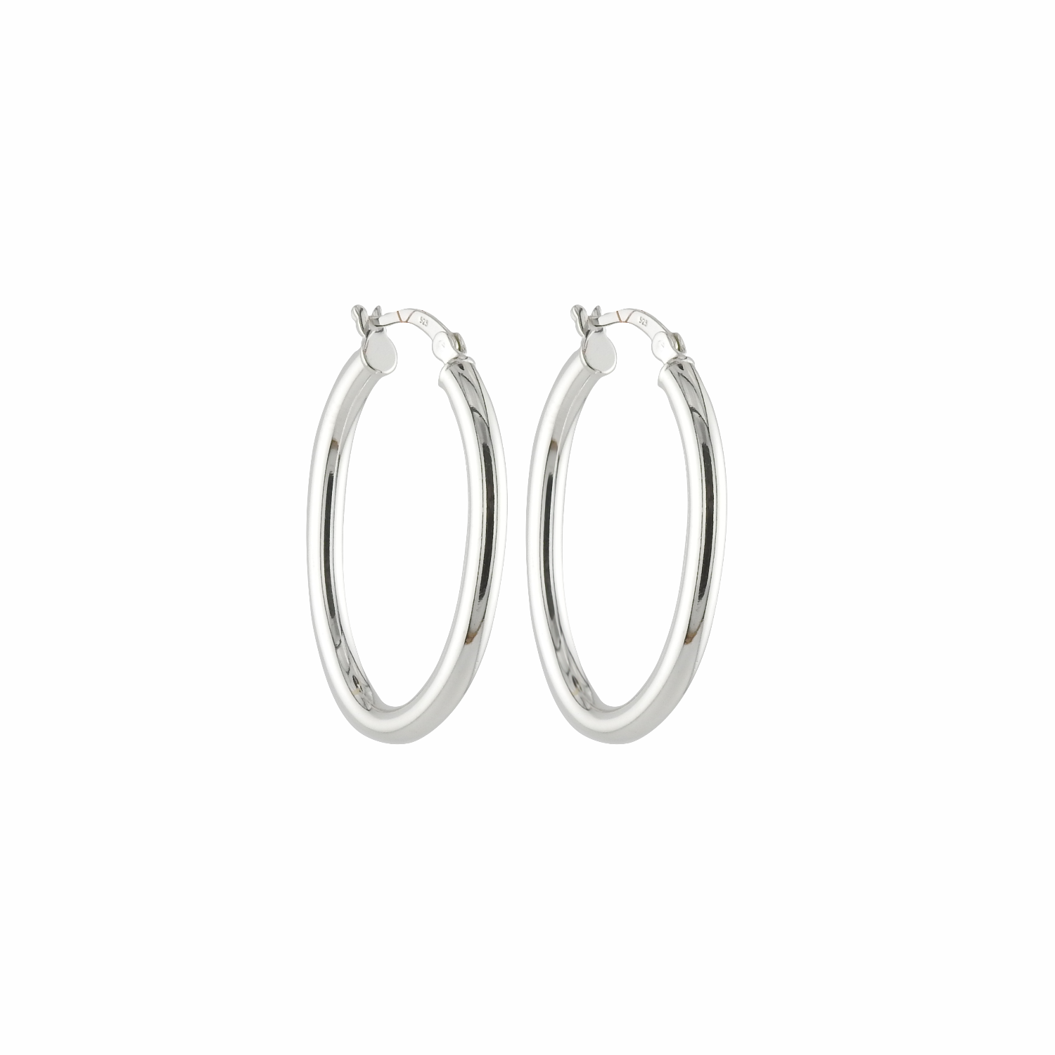 Pair of silver hoop earrings on a white background