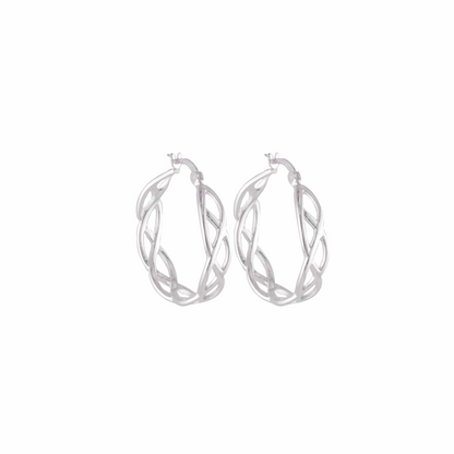 Pair of silver hoop earrings on a white background