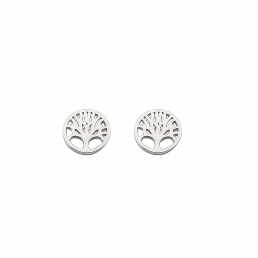 Pair of silver tree-shaped earrings on a white background