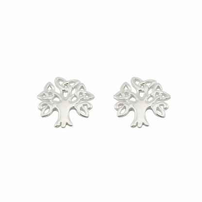 Pair of silver tree-shaped earrings on a white background