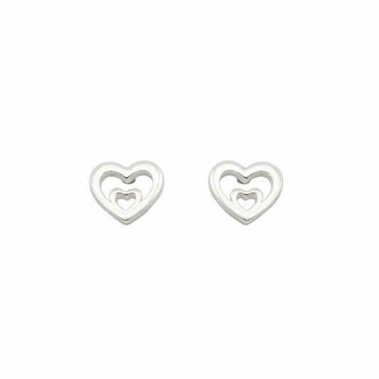 Pair of silver heart-shaped earrings on a white background