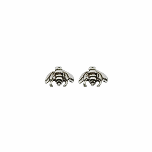 Pair of silver bee-shaped earrings on a white background