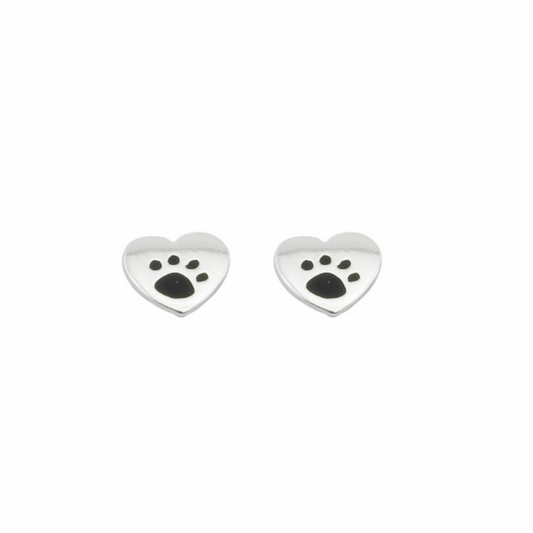 Heart-shaped silver earrings with paw prints on a white background