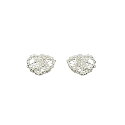 Pair of silver wire heart-shaped earrings on a white background