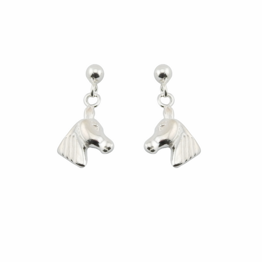 Silver horse head earrings on a white background
