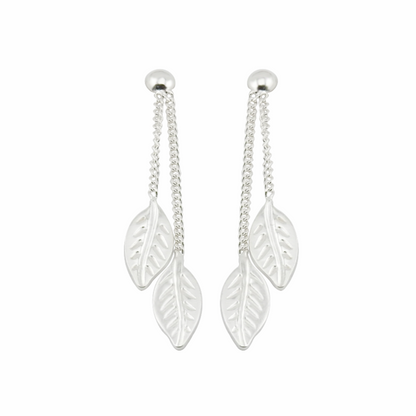 Silver leaf earrings with chains on a white background