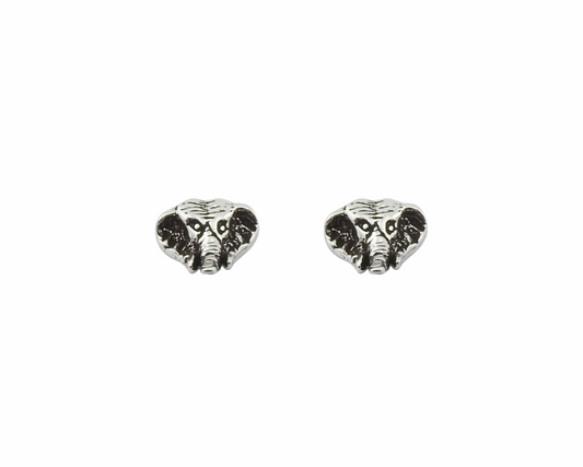 Pair of silver elephant-shaped earrings on a white background