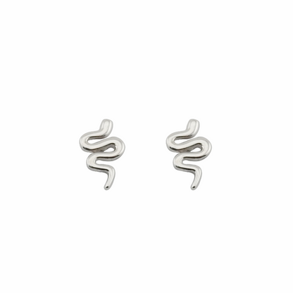 Pair of silver snake-shaped earrings on a white background