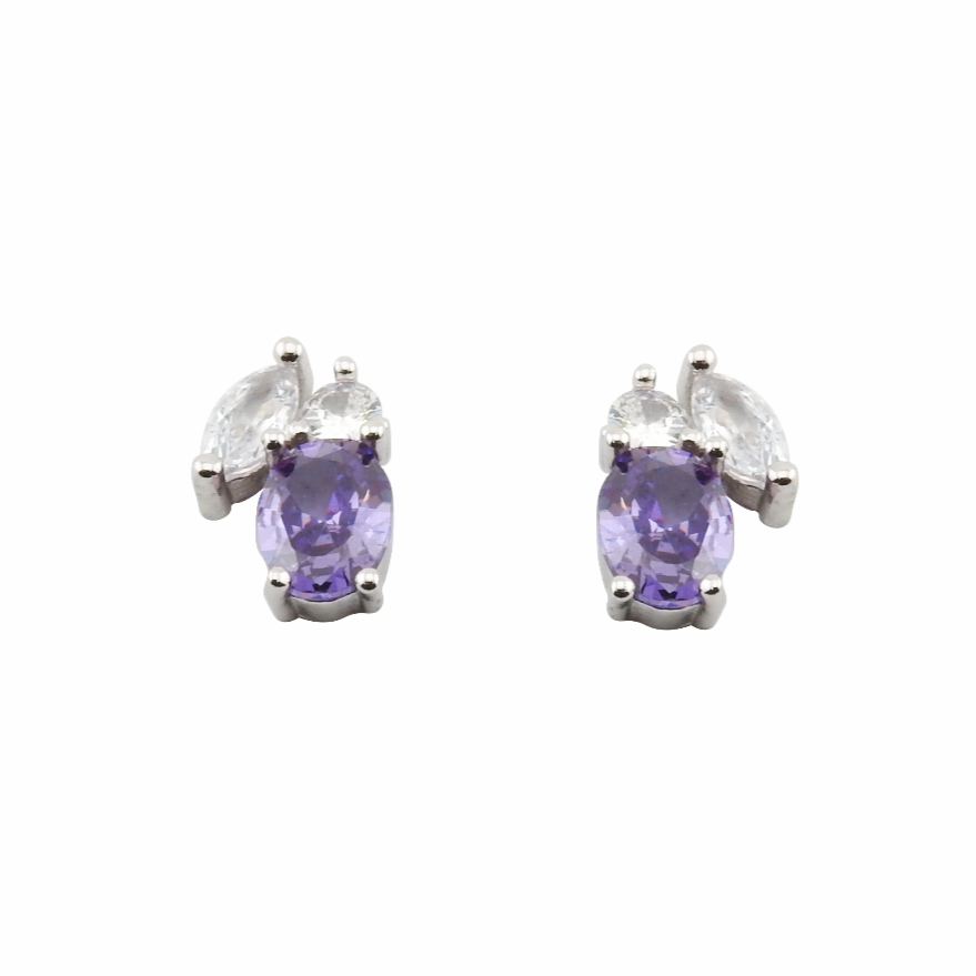 Pair of silver earrings with purple gemstones on a white background