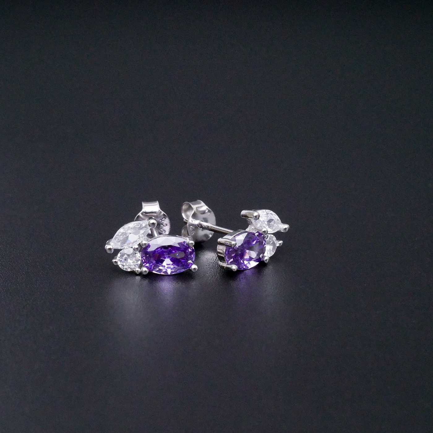Silver "CZ Leaf & Violet Oval" Earrings