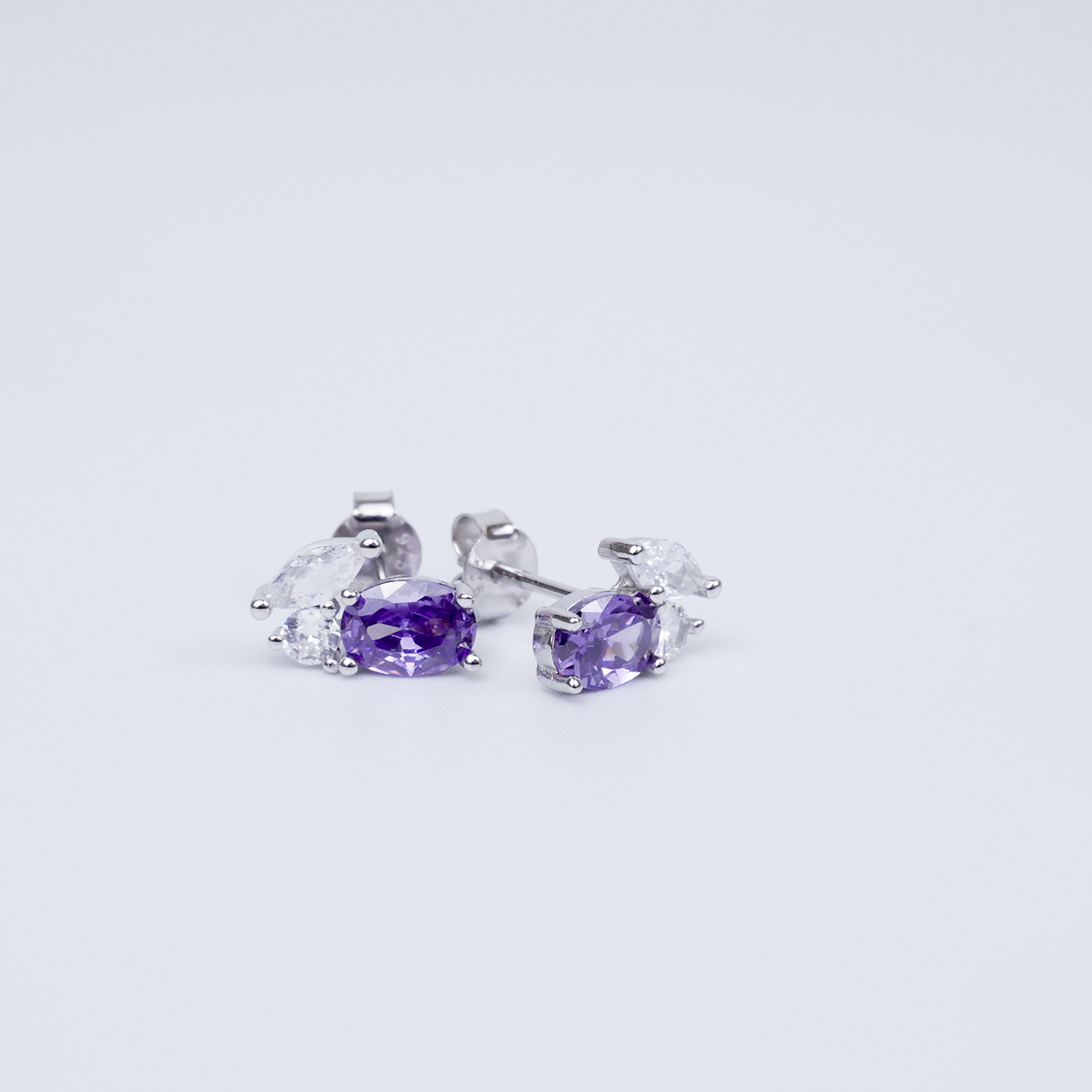 Silver "CZ Leaf & Violet Oval" Earrings
