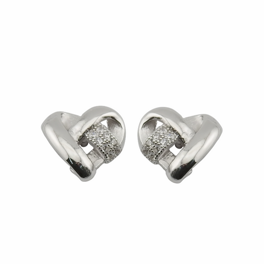Pair of silver heart-shaped earrings on a white background