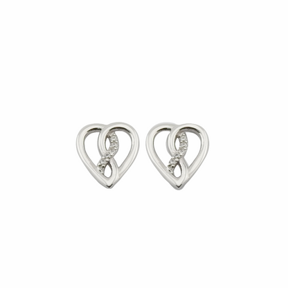Pair of silver heart-shaped earrings on a white background
