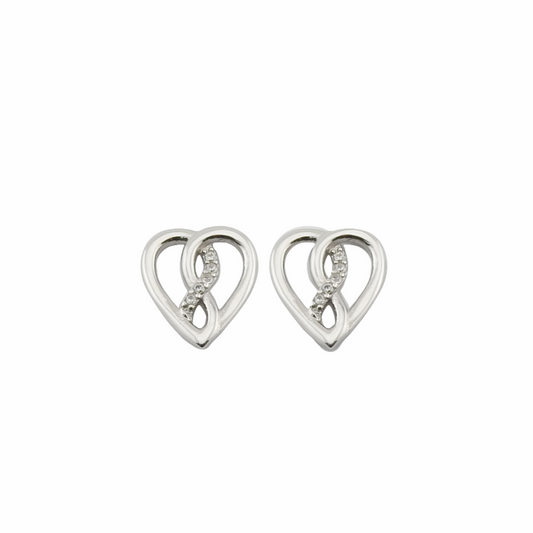 Pair of silver heart-shaped earrings on a white background
