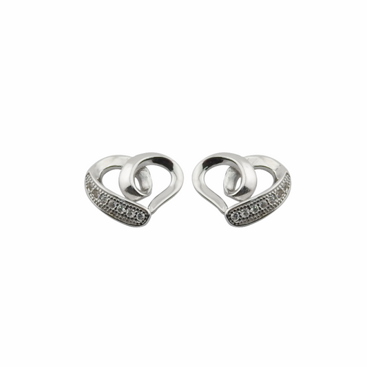 Pair of silver heart-shaped earrings on a white background