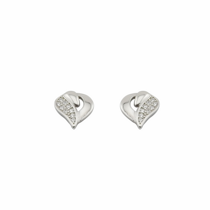 Pair of silver heart-shaped earrings on a white background