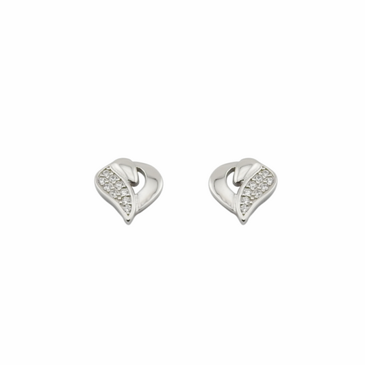 Pair of silver heart-shaped earrings on a white background