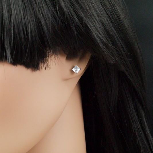 Silver "Square Single CZ" Earrings