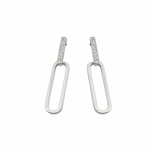 Pair of silver earrings with clear stones on a white background