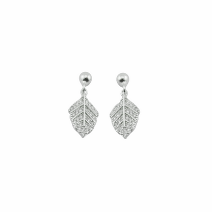 Pair of silver leaf-shaped earrings on a white background