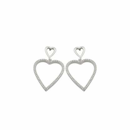Heart-shaped silver earrings on a white background