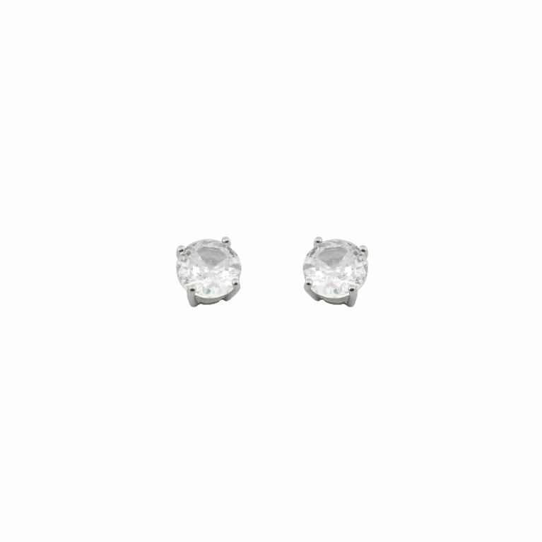Pair of silver stud earrings with clear gemstones on a white background