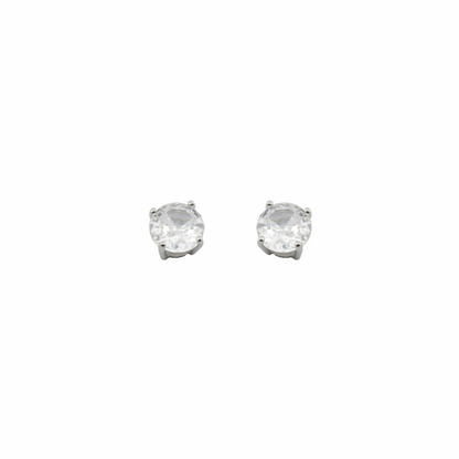 Pair of silver stud earrings with clear gemstones on a white background