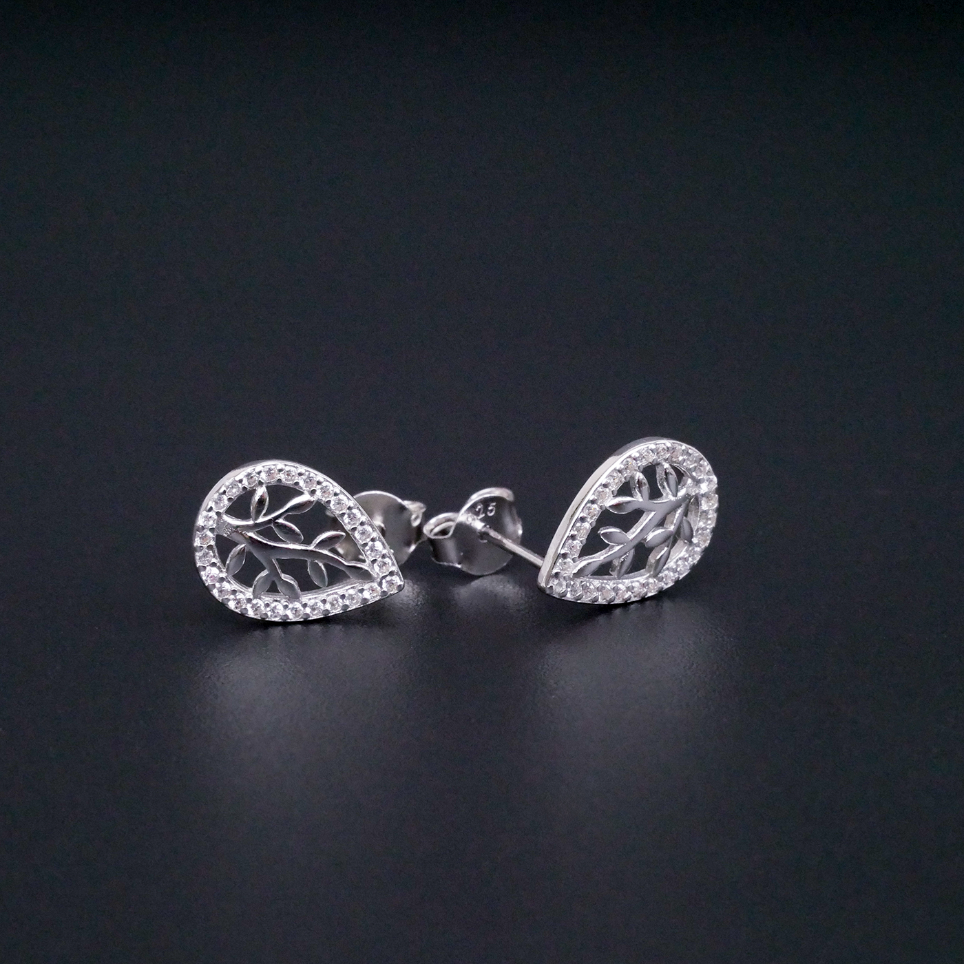 Silver "Teardrop CZ Leaf Earrings"