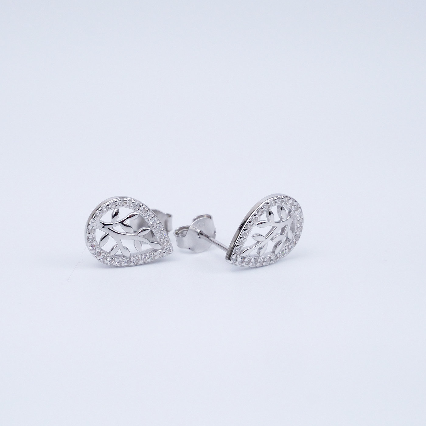 Silver "Teardrop CZ Leaf Earrings"