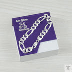 Silver bracelet on a purple and white box with 'Just Silver Jewellery' branding.
