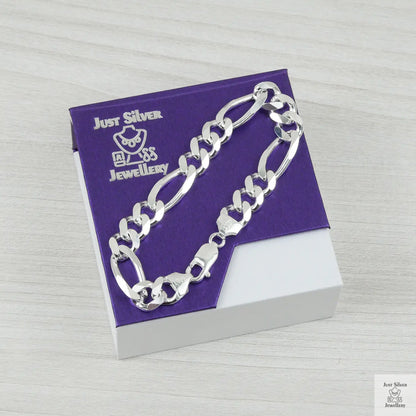 Silver bracelet on a purple and white box with 'Just Silver Jewellery' branding.