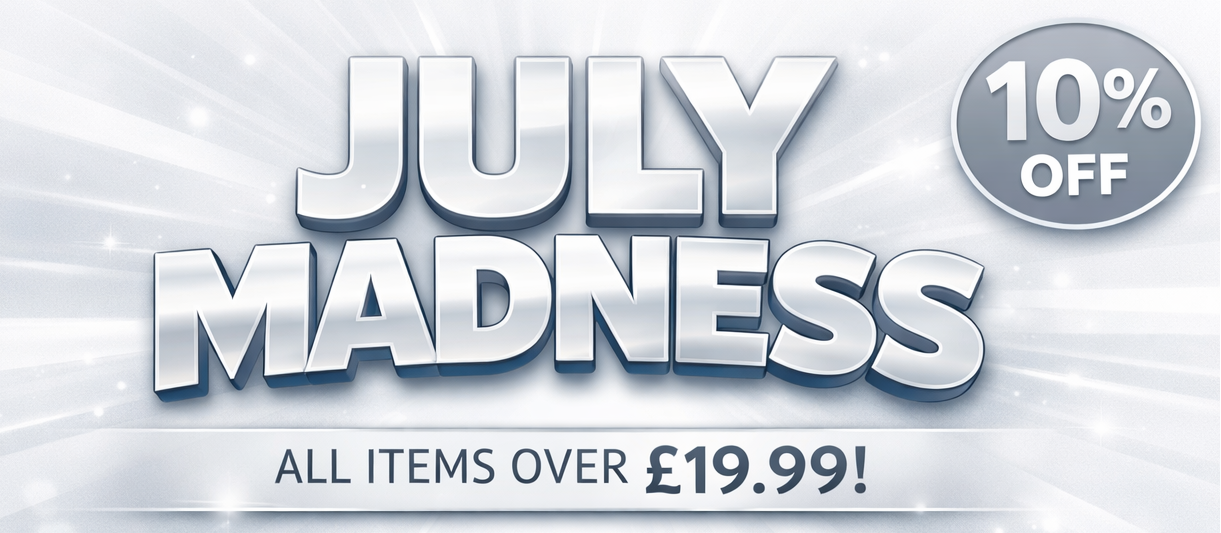 Promotional banner for 'July Madness' sale with text and percentage discount on a light background