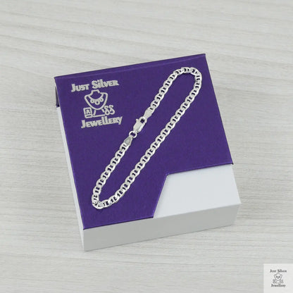 Silver chain necklace on a purple card with 'Just Silver Jewellery' branding.
