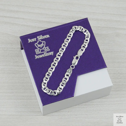 Silver bracelet on a purple and white box with 'Just Silver Jewellery' branding.