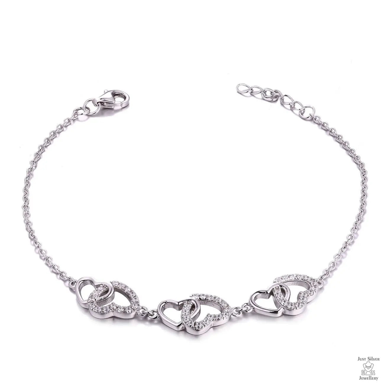 Silver 6 Hearts Natural Zircon Bracelet Just Silver Jewellery