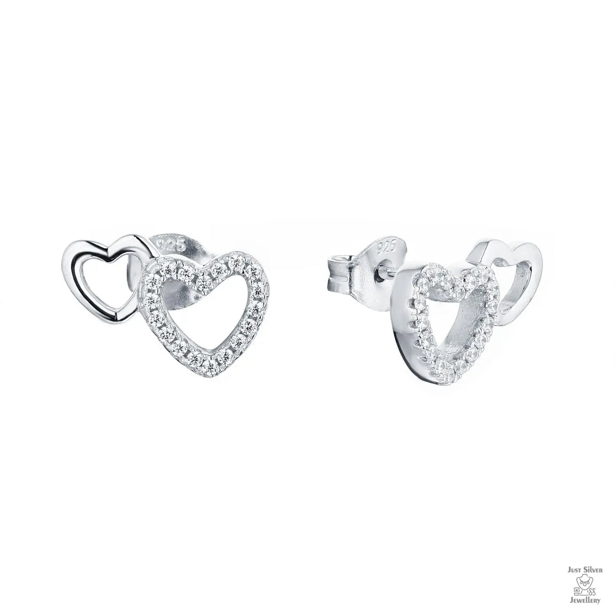 Silver twin hearts design earring on a white background