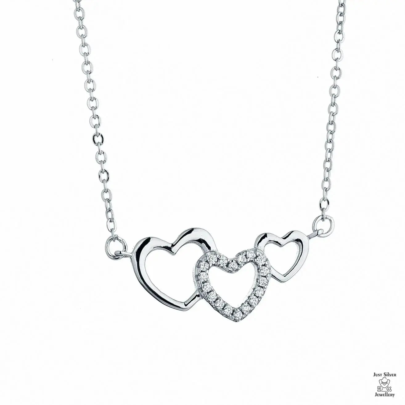 Silver Triple Hearts Natural Zircon Necklace Just Silver Jewellery