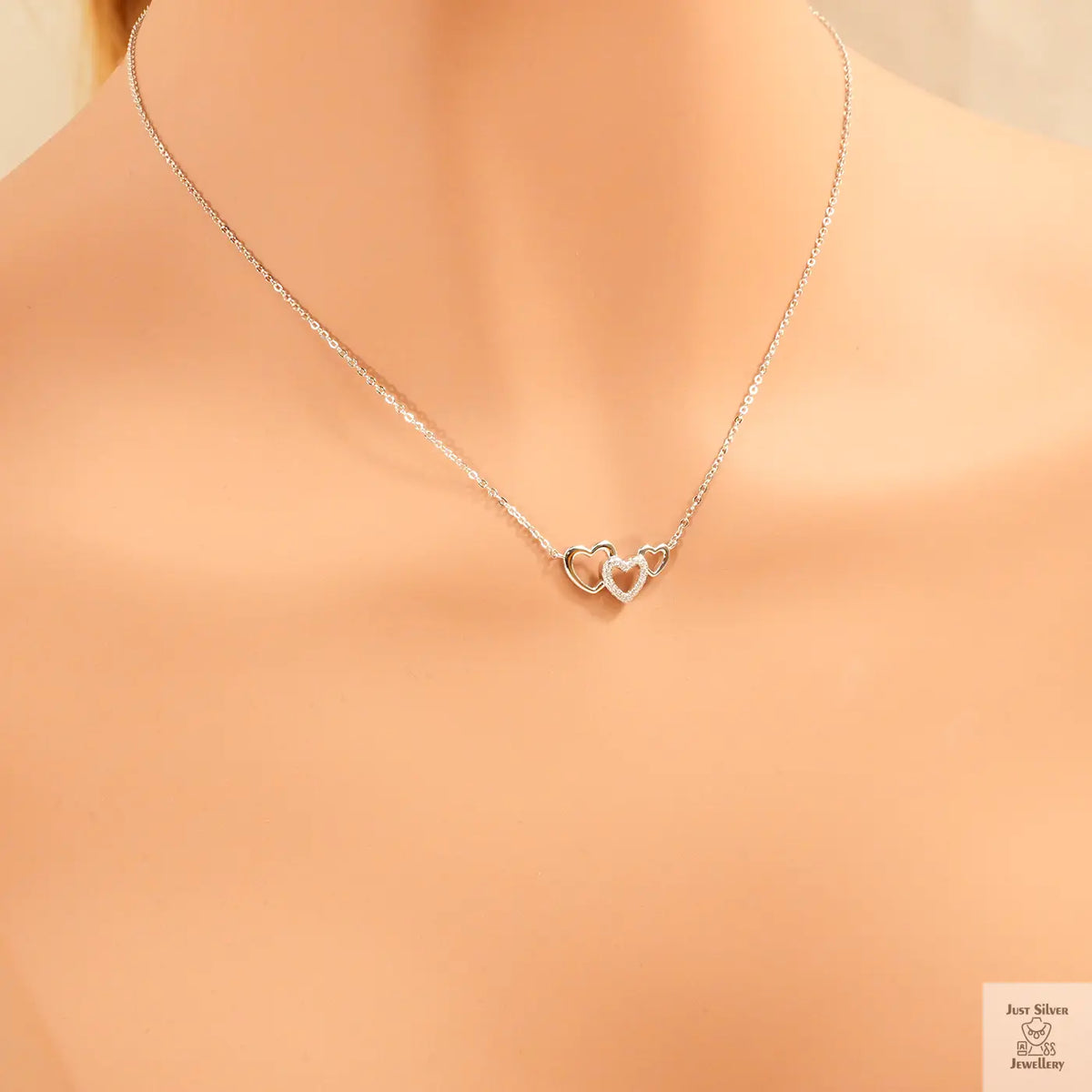 Silver Triple Hearts Natural Zircon Necklace - Just Silver Jewellery