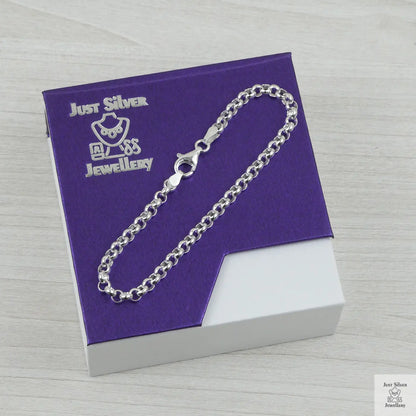 Silver bracelet on a purple card with 'Just Silver Jewellery' branding.