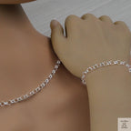 Silver Belcher/Rolo chain necklace and bracelet on a person's neck and wrist.