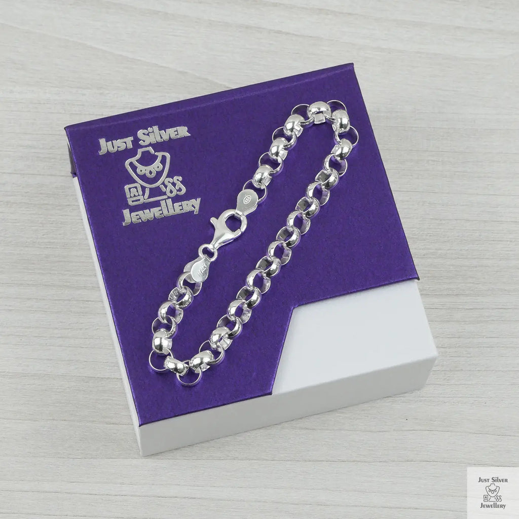 Silver bracelet on a purple 'Just Silver Jewellery' box